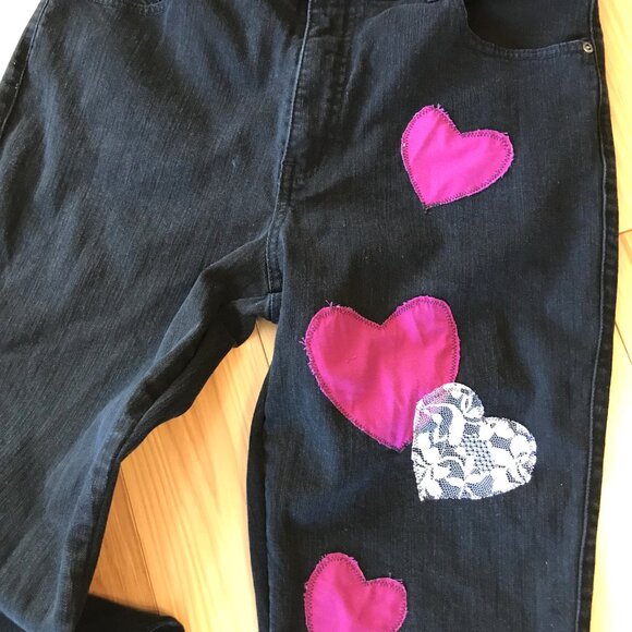 Upcycled Patchwork Jeans, Size 14: Handmade Magenta & Lace Patches, Black Denim - Picture 3 of 9